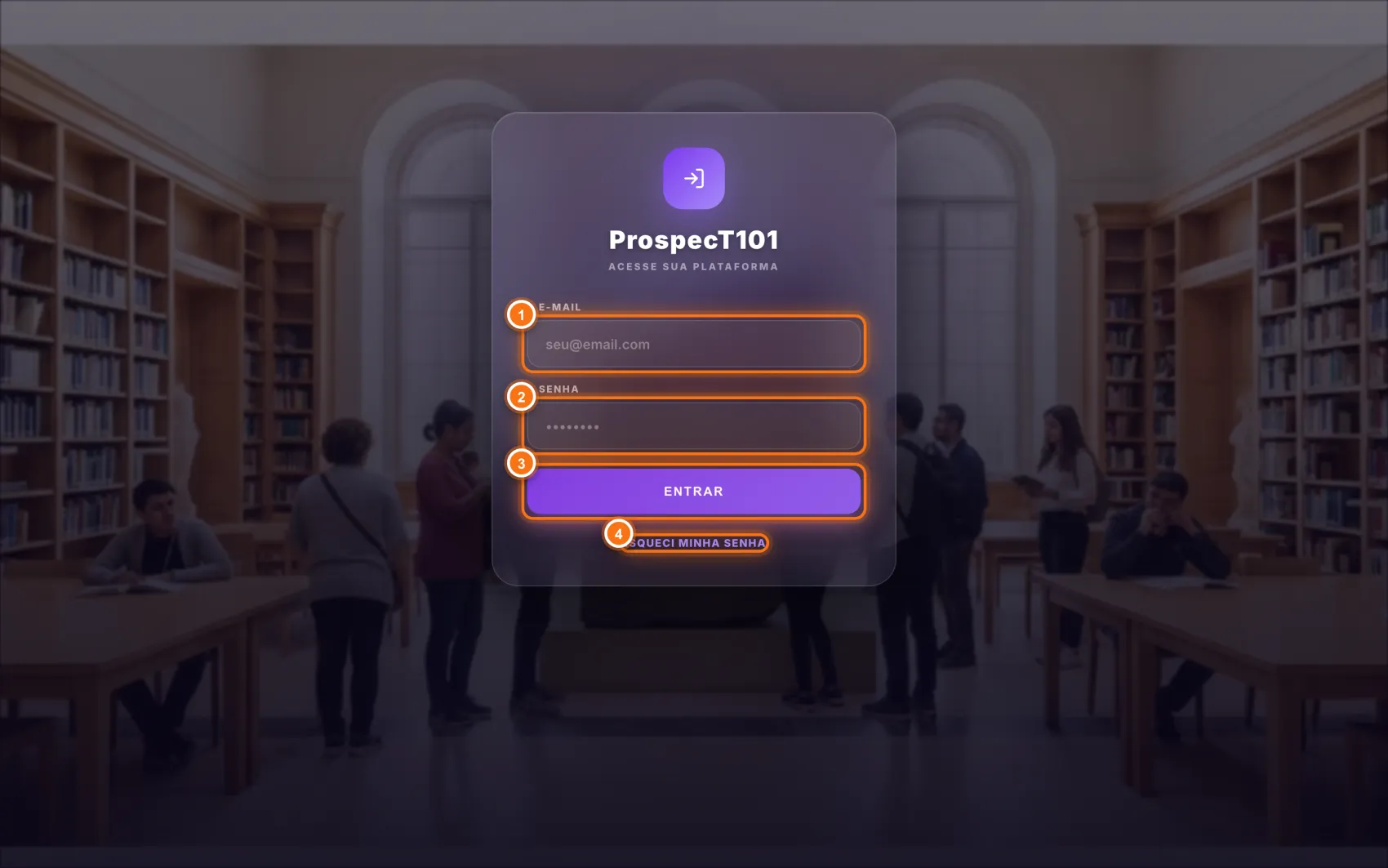 Tela de login do ProspecT101 com os campos de e-mail e senha destacados