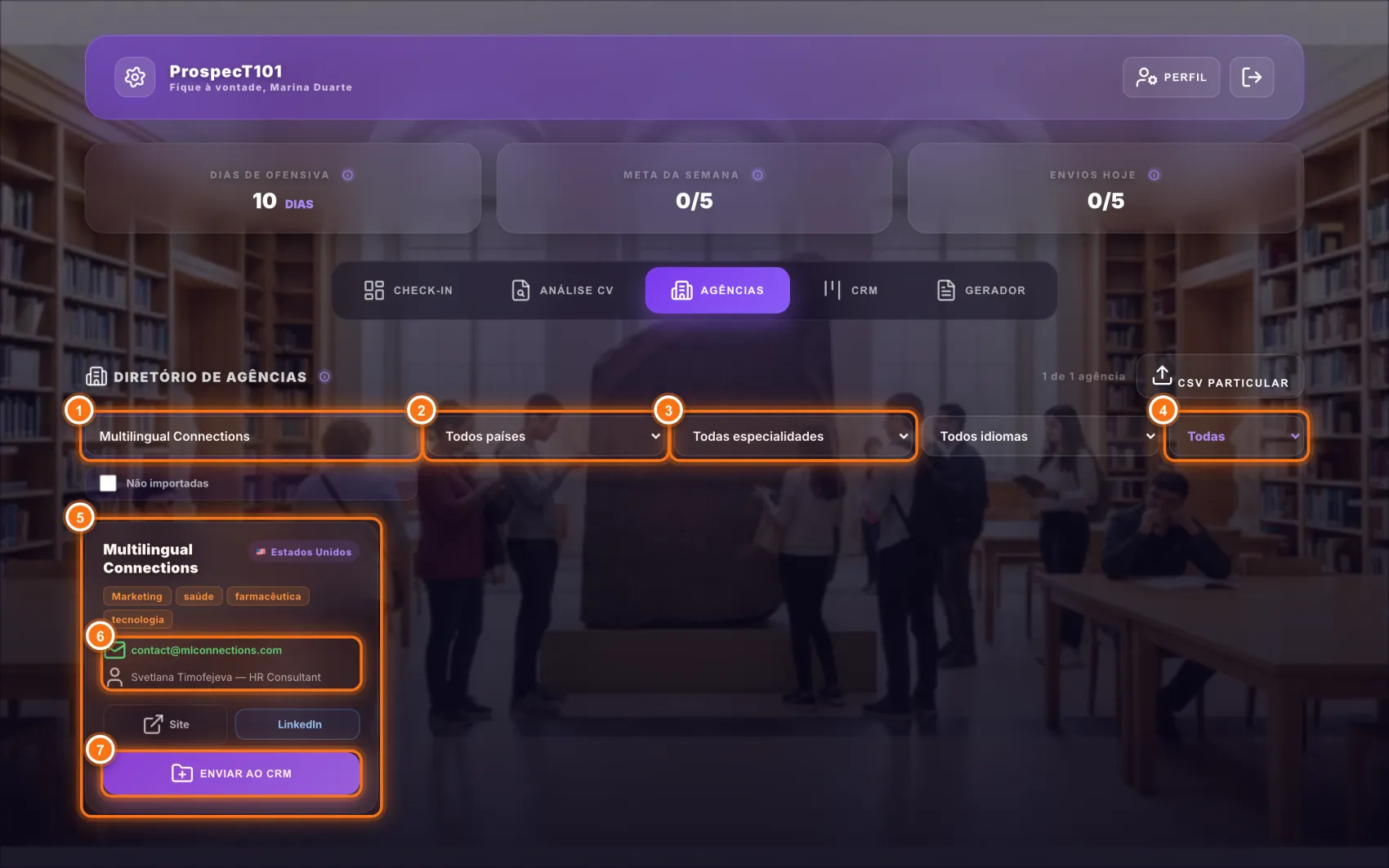 Aba Agências com a busca, os filtros e um cartão de agência com contato e botão Enviar ao CRM numerados