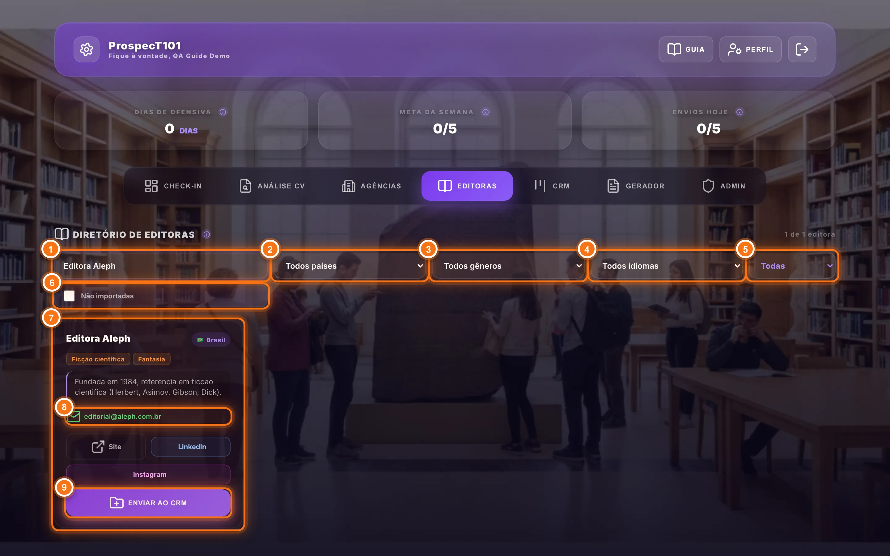 Aba Editoras com a busca, os filtros e um cartão de editora com contato e botão Enviar ao CRM numerados