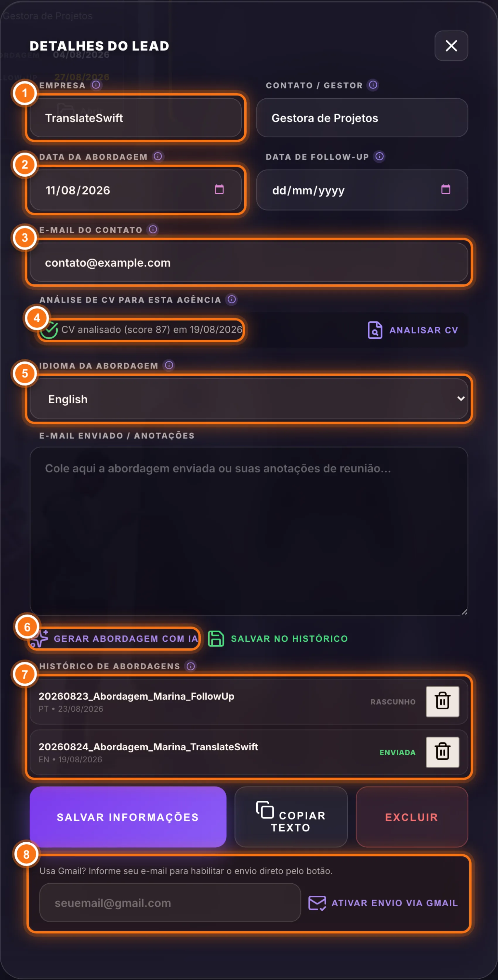 Modal de detalhes do lead com os campos de empresa, datas, status da análise de CV, idioma da abordagem, histórico e botões de envio numerados